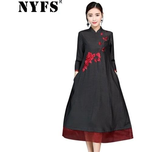 NYFS 2021 New Summer dress Chinese style Vintage Woman Dress Loose Silk embroidery long Dress Vestidos Robe