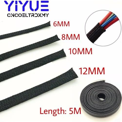 5M Black Insulated Braid Sleeving 6/8/10/12mm high quality PET Wire Cable Protection Expandable Cable Sleeve Wire Gland