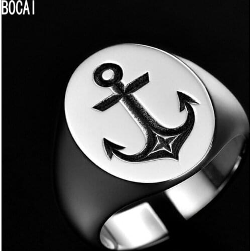 BOCAI New 100% Pure s925 silver anchor ring for Man domineering index finger Ring simple hip-hop opening, single Man Ring