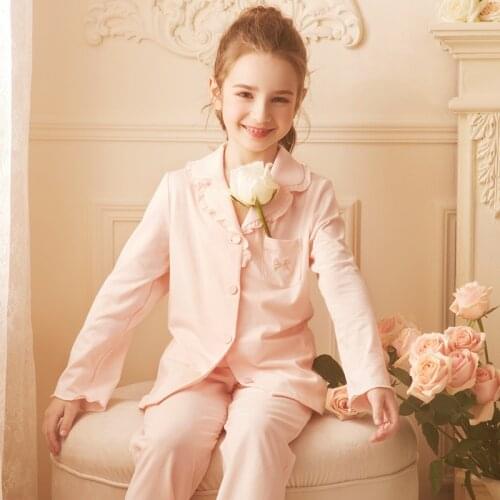 Children Pajamas Girls Soft Cotton Pyjamas Long Sleeve Single Breasted Sleepwear Kids Leisure Nightwear Home Clothes 2 Piece/Set