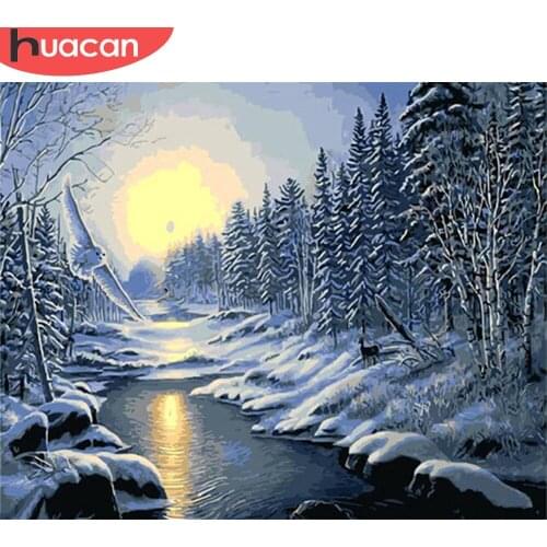 HUACAN Oil Painting By Number Winter Hand Painted Paintings Gift DIY Pictures By Numbers River Kits Drawing On Canvas Home Decor