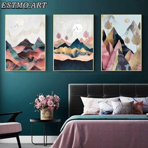 Canvas Print Pink Gold Abstract Line Drawing Mountain and sun Luxury Poster Wall Art Home Decoration Creativity Bedside Painting