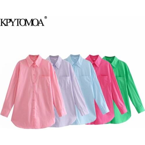 KPYTOMOA Women 2021 Fashion With Pockets Oversized Poplin Blouses Vintage Long Sleeve Button-up Female Shirts Blusas Chic Tops