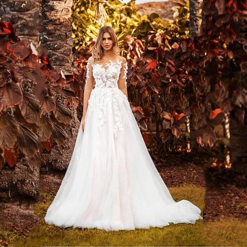 Bohemian 3D Lace Flower Tulle Wedding Dress Ivory Half Sleeves Boho Embroidered Illusion A-Line Bridal Gowns Vestidos DE Novia