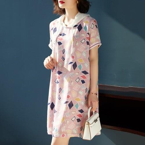 Summer Dress Women 2021 Casual Geometric Girls Party Dresses Square Print Summer Boho Chiffon Plus Size Clothing With Hooded