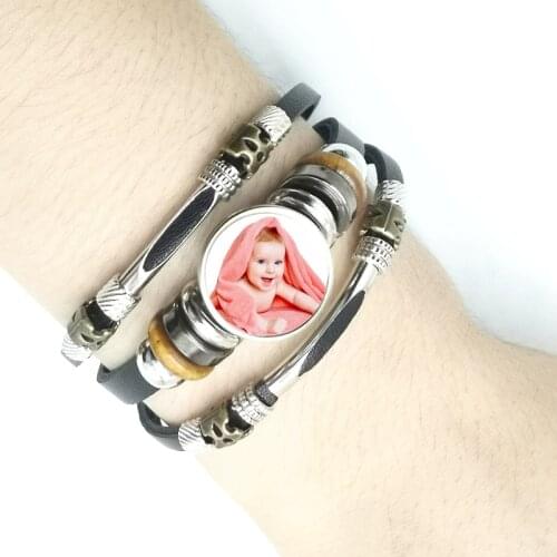 Fashion Customized Photo Leather Bracelet Personalized Child Art Photo Private Handmade Snap Charm Gift for Family
