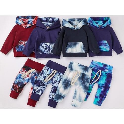Newborn Baby Autumn Outfits Set Pocket Hooded Pullover Sweatshirt Long Trouser Tie Dye Clothes Boys Girl Suit
