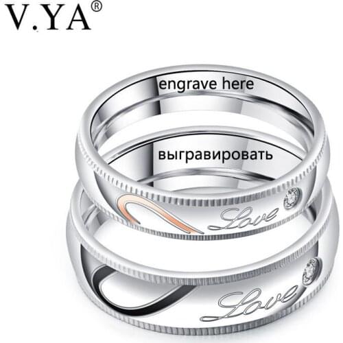 V.YA Promise Love Couple Rings Trendy Heart Shape DIY Custom Engrave Inside Crytal Charm Stainless Steel Wedding Women Men Rings