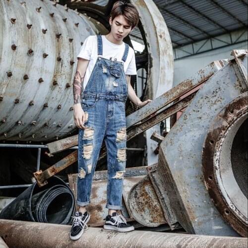 S-6xl New Summer One-piece Denim Overalls Mens Hole Sling Jeans Feet Nine Pants Korean Version Of The Tide Plus Size Bib Pants