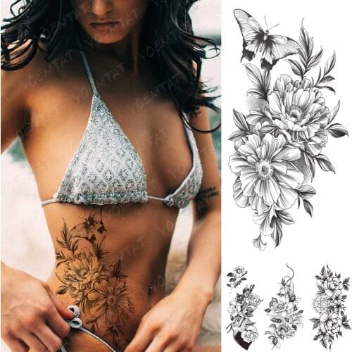 Waterproof Temporary Tattoo Stickers Peony Rose Flower Gun Flash Tattoos Female Black Sketch Body Art Arm Sexy Fake Tatto Male