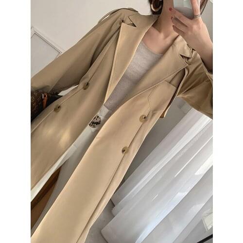 Womens Windbreaker Womens Long Spring and Autumn New Double Row Button Two Wear Simple Thin Coat