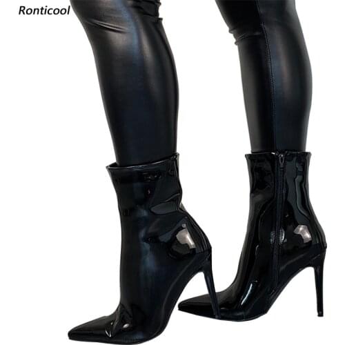 Ronticool 2021 New Fashion Women Winter Shiny Ankle Boots Stiletto High Heels Pointed Toe Black Shoes Women Plus US Size 5-15