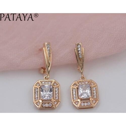 PATAYA New Arrivals 585 Rose Gold Drop Earrings White Square Natural Zircon Long Earrings Women Trendy Gorgeous Jewelry RU Hot