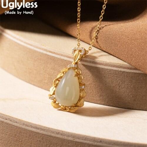 Uglyless Elegant Dress Water Drop Jade Necklaces for Women Handmade Leaves Pendants + Chain 925 Silver Crystals Fashion Jewelry