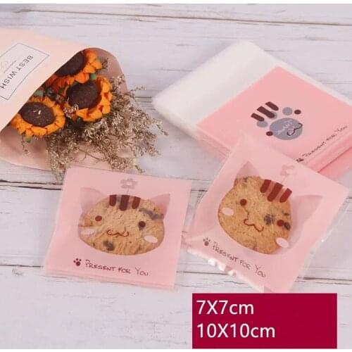 100 pcs/lot Pink Cat Cookie Packaging Bags Self-Adhesive Plastic Bags For Biscuits Snack Wedding Decoration Sweety Candy Bag