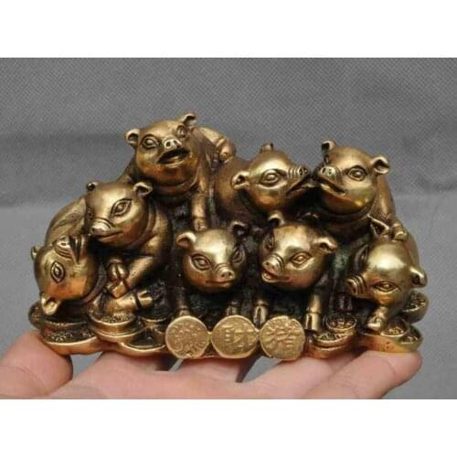 5" chinese fengshui brass wealth money coin Make a fortune pig lucky pigs statue