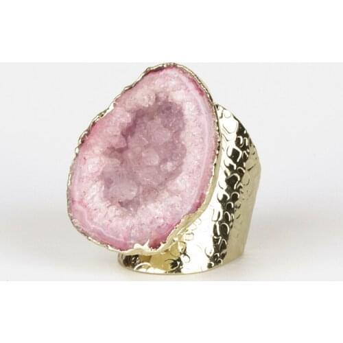 Pure Gold Color Rough Raw Pale Baby Pink Geode Quartz Crystal Stone Slice Bead Charm Adjustable Open Hammered Ring Cuff Women