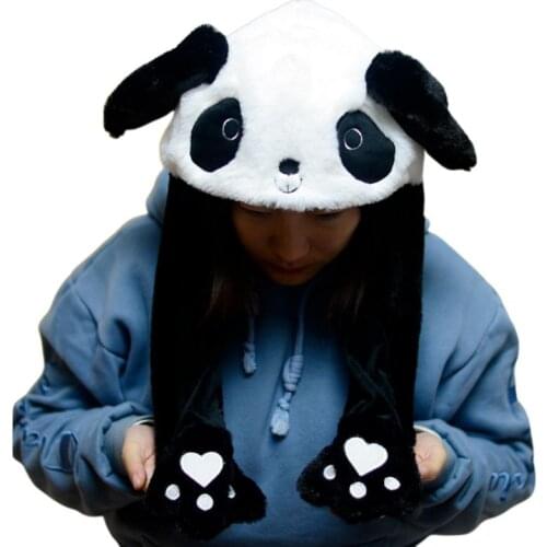 Children Adult Short Plush Cute 3D Cartoon Panda Animal Hat with Moving Ears Double Airbag Paws Warm Earflap Cap Toy Party Props