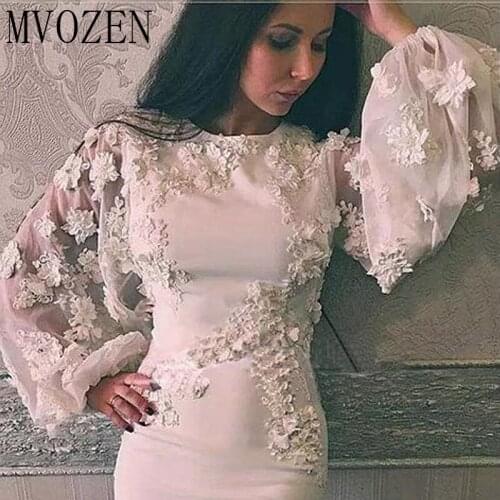 Elegant White Short Evening Dresses 3D Flower Long Sleeves Tea-Length Sheat Evening Dress Formal Party Gowns Vestidos