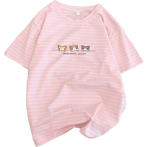 Merry Pretty Kawai Cute Cats Cotton T-Shirt Women Casual Stripes T Shirt Korean Clothes Striped Steetwear Fashion Tees Drop Ship