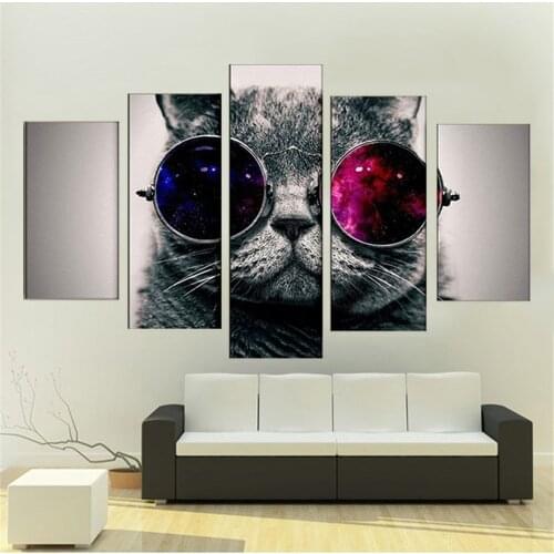 5 Piece Wall Art Canvas Painting Animal A Cat Wearing Sunglasses Poster Nordic Decoration Home Bedroom Frame Print Picture