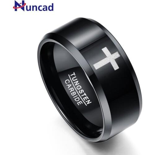 Nuncad T078R 10MM Wide Plated Black Laser Cross Polished Angled Tungsten Steel Ring with full size 7-12
