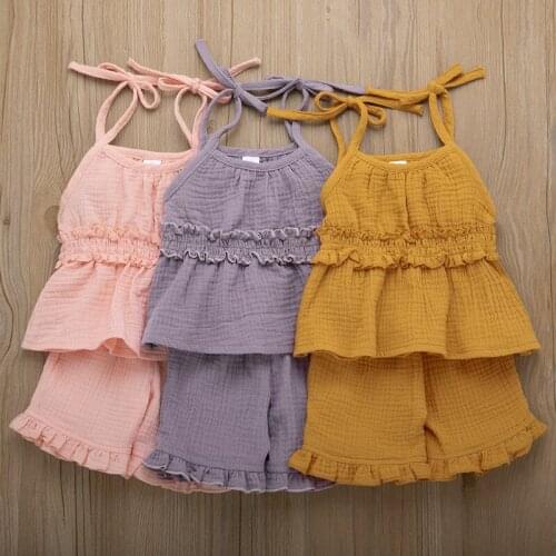 Baby Girls Clothes Kids Sleeveless Summer Suits Sweet Flouncing Strap Tops+short Pants 2 PCS Sets Children Cotton Outfits 1-6Y