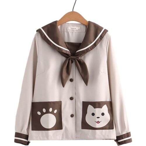 Autumn College Style Cute Blouse Girls Shirt Lolita Sweet Sailor Collar Cartoon Printed School Uniform Tie Bow Front Cardigan