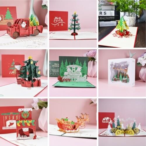 Merry Christmas Cards 3D Pop UP Christmas Tree Cards Christmas Decoration Winter Gift Laser Cut Santa Greeting Cards