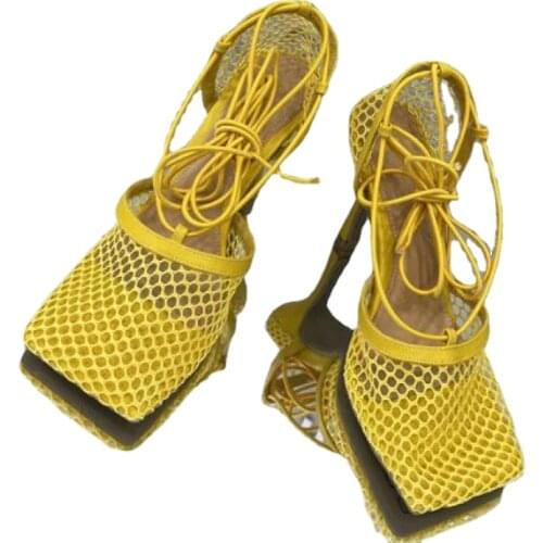 2021 women sandal Sexy Hollow Out Mesh Women Pumps Lace Up Sandals Female Square Toe High Heel Summer Fashion Ankle Strap