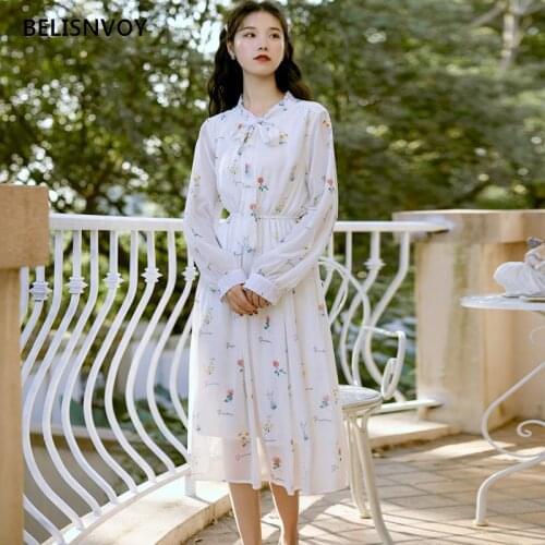 Floral Printed Chiffon Women Fairy Dress 2021 Spring Autumn French Long Sleeve Bow Elegant Dress Korean Chic Female Vestidos