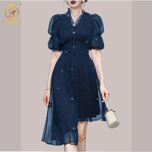 SMTHMA 2021 New Fashion Womens Temperament Summer Dresses Ladies Sexy V-Neck Puff Short Sleeve Chiffon Dot Dress Vestidos