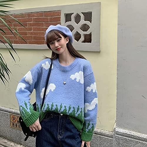 Women Y2k Long Sleeve Sweaters Crew Neck Knitted Pullover Tops Cute Overiszed Knit Jumper Cloud Grass Printed Loose Streetwear