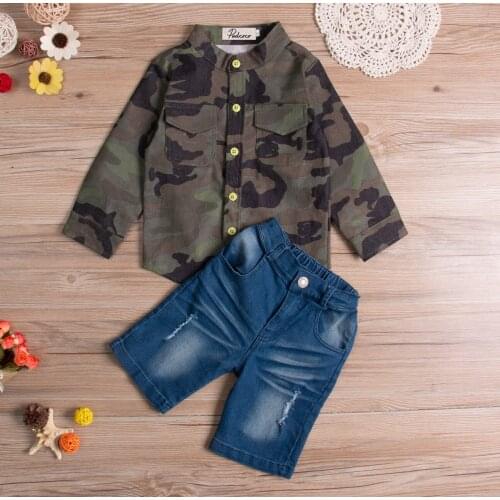 Stock Kids Baby Boy Camouflage Shirt Long Sleeve Tops+Jeans Denim Pants 2pcs Outfits Sets