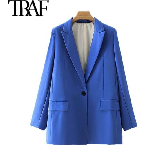 TRAF Women Fashion Office Wear Single Button Blazers Coat Vintage Long Sleeve Pockets Female Outerwear Chic Tops