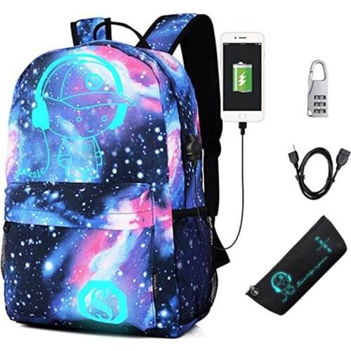 Anime Anti-theft Backpack Women Luminous School Bags for Teenage Girls with USB Charging Port Unisex 15.6 Inch College Daypack