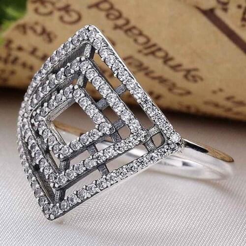 Original Vintage Geometric Lines With Crystal Rings For Women 925 Sterling Silver Ring Wedding Party Fine Pandora Jewelry Gift