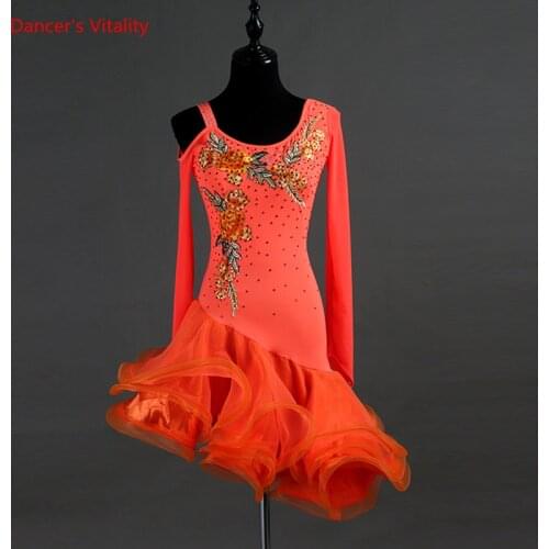 Latin Dance Dress Senior Embroidery Diamonds Irregular Fishbone Gauze Dresses Women Latin Ballroom Dance Performance Costumes