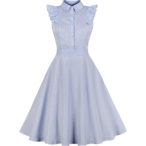 Summer Casual Dress Ruffles Party 50s 60S Rockabilly Retro Elegant Office Lady Work Dress Plus Size Striped Vintage Dresses 4XL