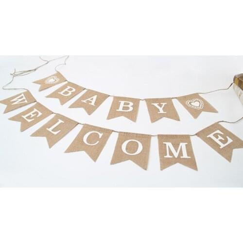 1set Jute Burlap Flags WELCOME BABY Linen Swallowtail Banner Pennant Baby Birthday Party Banner Pull Decoration Event Supplies