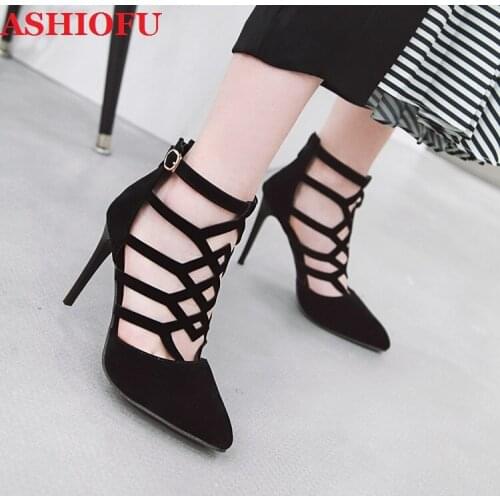 ASHIOFU Wholesale Handmade Ladies High Heels Sandals Cross-straps Pointed-toe Party Dress Shoes Daily Wear Real-pic Sandal Shoes