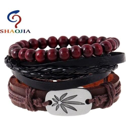 2017 New 3pcs 1 Set Leather Maple Leafs Bracelet Wood Beads Weave Wrap Hemp Rope Bracelet Men Cuff Women Bracelets Bangles