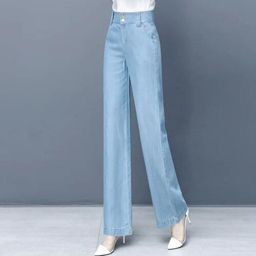 High Quality Tencel Loose Wide Leg Pants Women Larage Size Summer Trousers Slim Lmitation Denim High Waist Mom Straight Pants