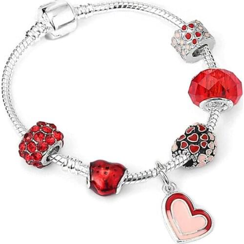 DIY Red Heart Beads & Pendants Fit Silver Plated Snake Chain Charm Bracelet For Women Valentines Day Jewelry Gift