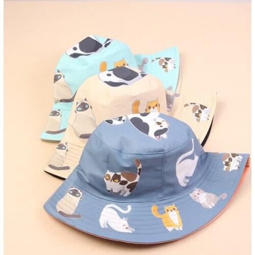 Fashion Japanese Cat Cartoon Print Fisherman Hat Women Summer Cute Pot Hat Literary Leisure Student Sunscreen Sunshade Cap