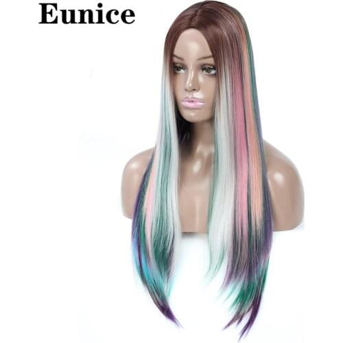 Long Hand-woven Synthetic Wigs 24inch Eunice Hair Straight Wig for Women Middle Part Ombre Rainbow High Temperature Fiber Hair