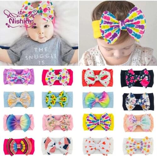 Nishine Vintage Print Bowknot Elastic Wide Headband Cute Cartoon Pattern Bows Infant Hairband Baby Headwear Clothing Decoration