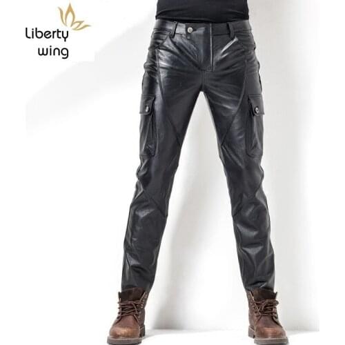 Euro Brand New Motorcycle Mens Cowhide Full Length Trousers Slim Pockets Genuine Leather Windproof Fashion Male Pencil Pants