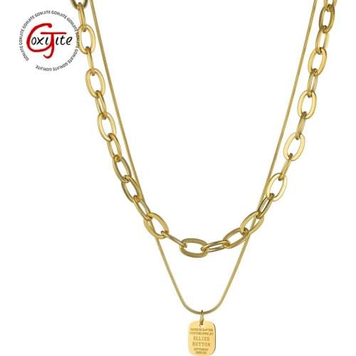 Goxijite 2021 Trendy Stainless Steel Women Double Layer Necklace Square Letter Charming Necklaces Party Jewelry Gift