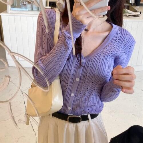 Sweet Cardigan Women Summer 2021 Stretchy Long Sleeve Hollow Out Solid Cute Cardigan Kawaii Knitted Cardigans 6 Colors